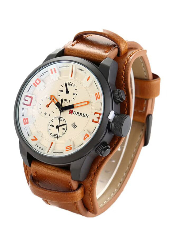 Curren Analog Watch for Men with Leather Band with Date Display, J317CA2, Brown-Beige