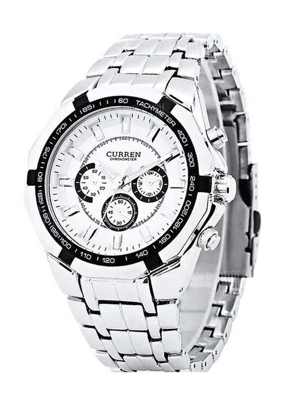 Curren Analog Watch for Men with Stainless Steel Band, Water Resistant, 8084, Silver-White