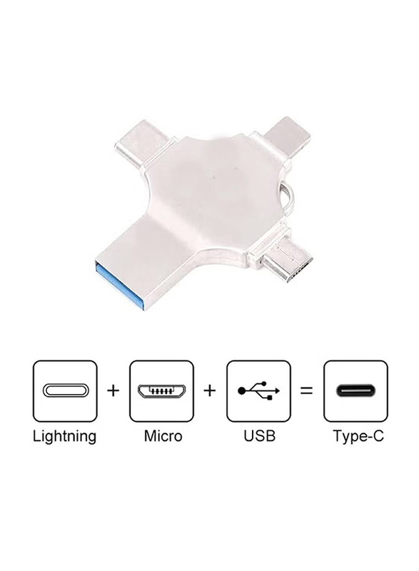 64GB 4 in 1 USB 3.0 Lightning Type C+Micro+USB Flash Drive, Silver