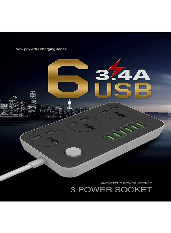3 Way Universal Outlets Surge Protection Power Strips Socket Switch Portable wall Charger, Fast Charging with 6 USB Plug Ports & 2-Meter Cable, Black/Grey