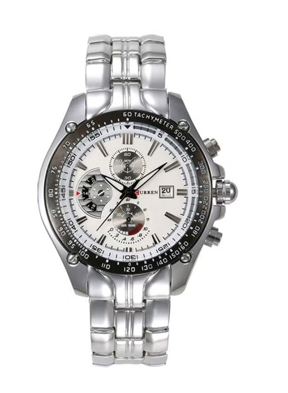 Curren Analog Chronograph Watch Unisex with Alloy Band, Water Resistant, J3812S-W-KM, Silver-White