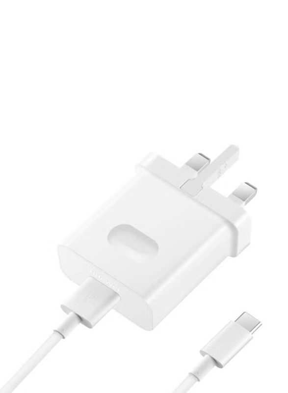 3-Pin UK Plug Fast Charging Adapter with Type-C Data Cable, White