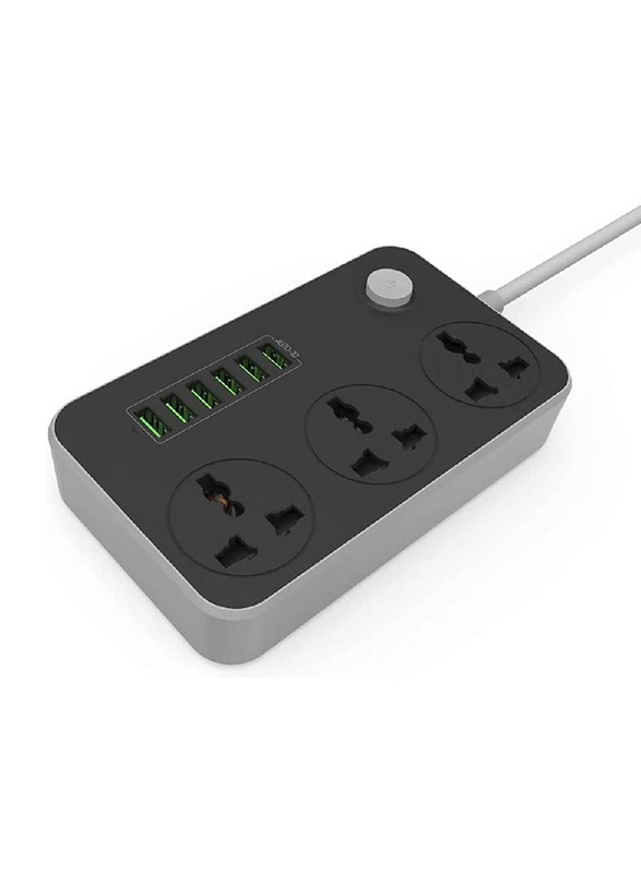 3 Way Universal Outlets Surge Protection Power Strips Socket Switch Portable wall Charger, Fast Charging with 6 USB Plug Ports & 2-Meter Cable, Black/Grey