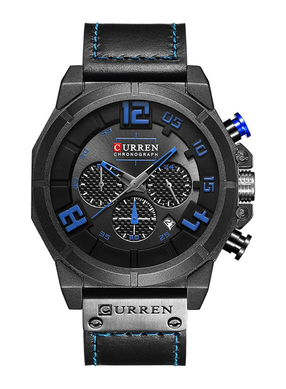 Curren Analog Watch for Men with Leather Band, Water Resistant and Chronograph, 8287, Black