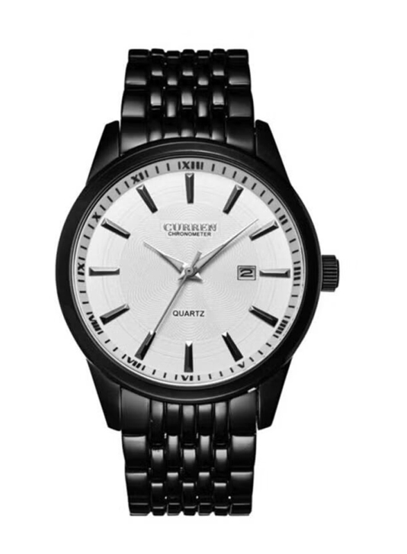 Curren Analog Watch for Men with Stainless Steel Band Date Display, Water Resistance, 8052, Black-White
