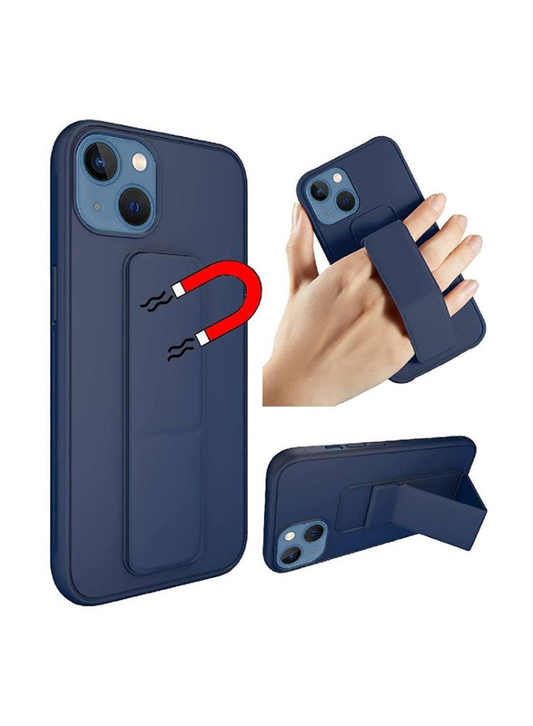 Foldable Silicone Magnetic Finger Strap & Hand Grip Back Case Cover for iPhone 14 Plus, Blue