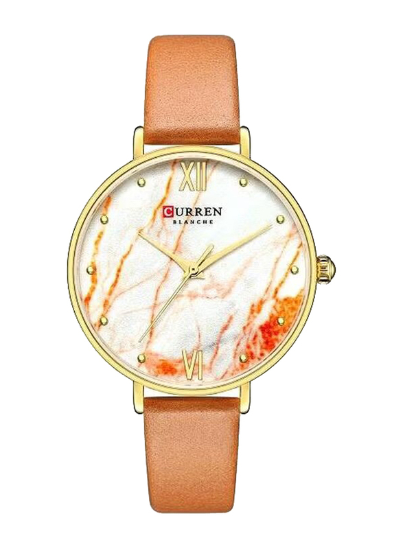 Curren Analog Quartz Watch for Girls with Leather Band, Water Resistant, C9045L-2, Brown-White/Orange