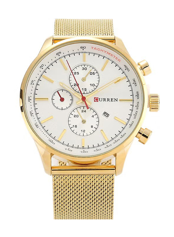 Curren Analog Watch for Men with Stainless Steel Band, Water Resistant & Chronograph, 8227, Gold-White