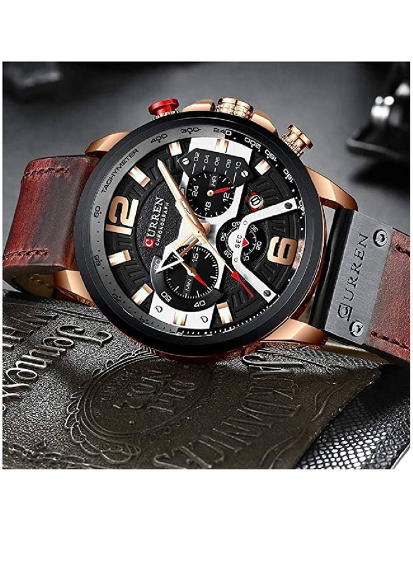 Curren Fashion Analog Quartz Watch for Men with Leather Band, Water Resistant and Chronograph, Brown-Black