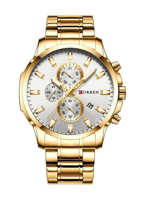 

Curren Analog Watch for Men with Stainless Steel Band, Gold-White