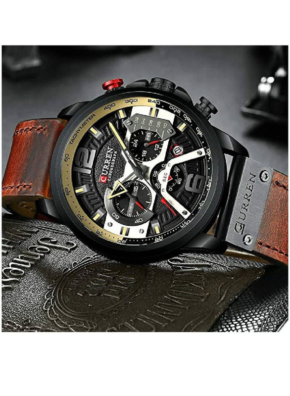 Curren Fashion Analog Quartz Watch for Men with Leather Band, Water Resistant and Chronograph, Red-Black