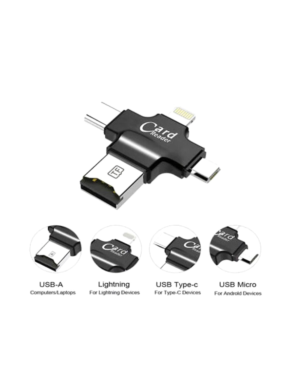 4-In-1 Card Reader with Type C Micro & Lightning Connectors, Black