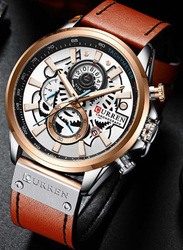 Curren Analog Watch for Men with Leather Band, Water Resistant and Chronograph, J4517RG-S-KM, Brown-Multicolour
