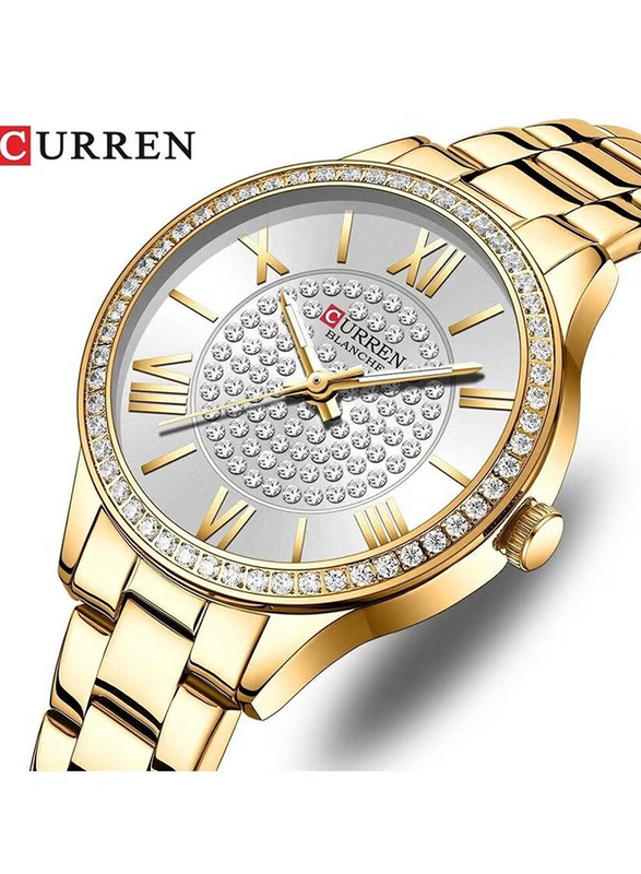 Curren Analog Quartz Watch for Women with Stainless Steel Band, Water Resistant, 9084, Gold-White
