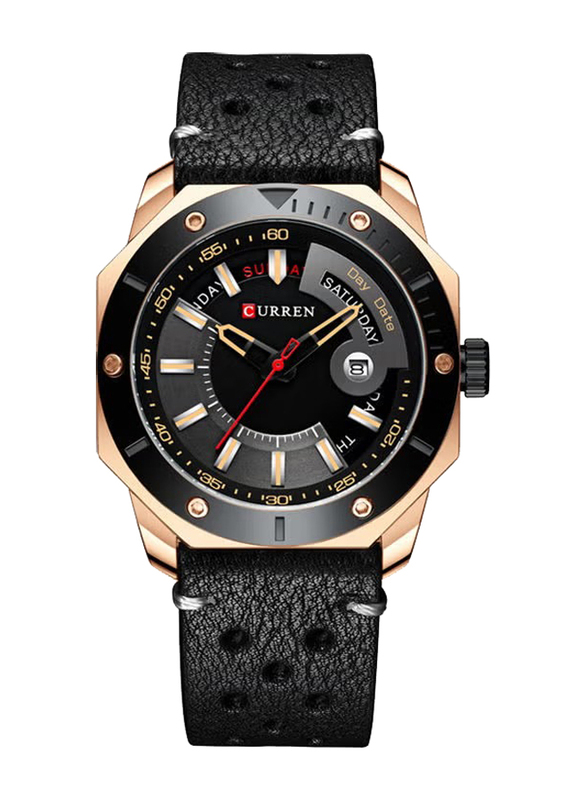 Curren Analog Quartz Luminous Design Wrist Watch for Men with Leather Band, Water Resistant, J-4728B-2, Black-Black/Grey