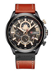 Curren Analog Watch for Men with Leather Genuine Band, Water Resistant and Chronograph, 8380, Black-Orange