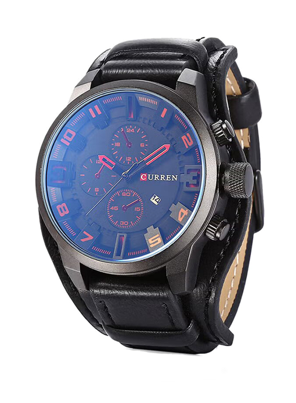 Curren Analog Watch for Men with Leather Band, Water Resistant, 8225, Black-Blue