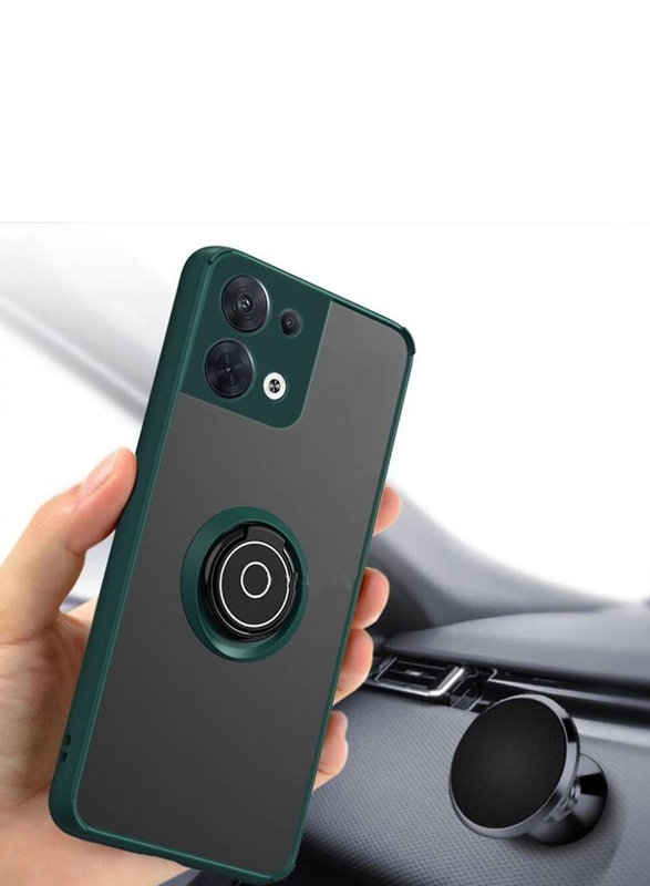 Oppo Reno 8 Pro Matte Silicone Mobile Phone Back Case Cover with Metal Finger Ring Holder Stand, Green