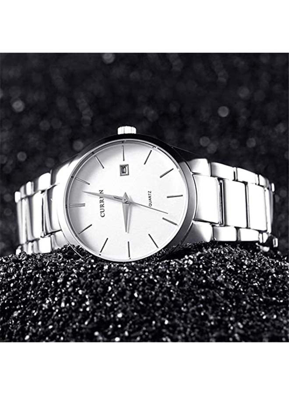 Curren Analog Watch for Men with Stainless Steel Band, Water Resistant, WT-CU-8106-SW, Silver-White