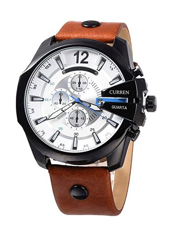 

Curren Analog Chronograph Watch for Men with Leather Band, Water Resistant, WT-CU-8176-W#D1, Brown-White