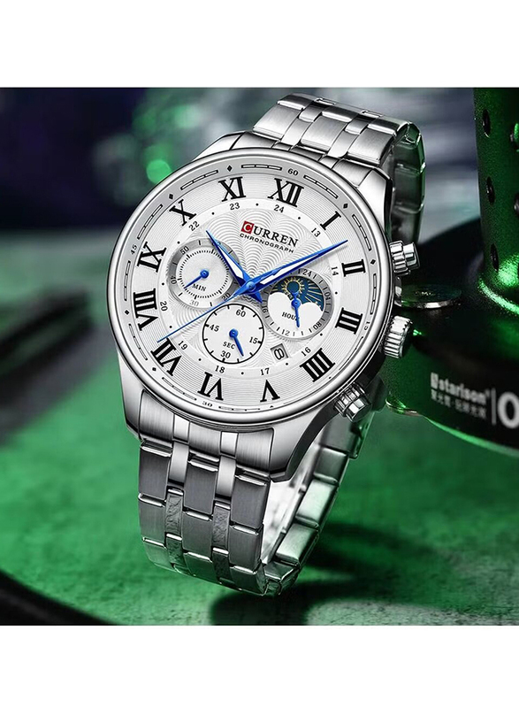 Curren Casual Analog Watch for Men with Stainless Steel Band & Chronograph, Water Resistant, Silver