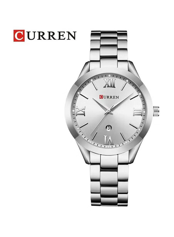 Curren Luxury Analog Watch for Women with Stainless Steel Band & Date Display, Water Resistant, Silver