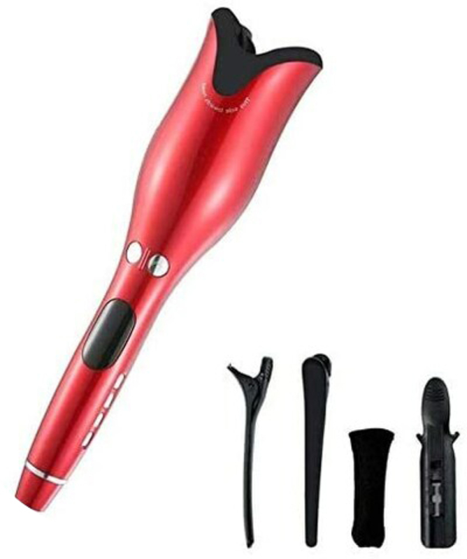 LCD Hair Curler Spin & N Curl Iron Automatic Curling Air Wand Styling, Eu Plug, Red