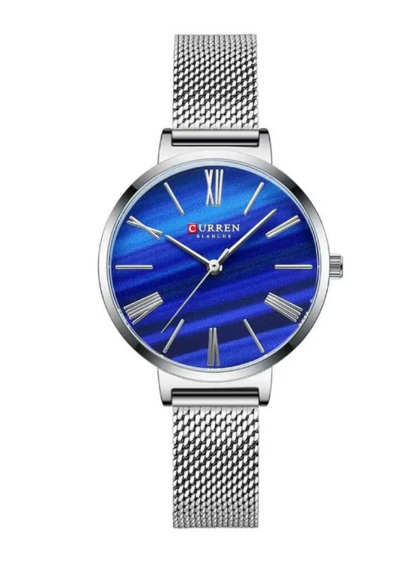 Curren Analog Watch for Women with Stainless Steel Band, Water Resistant, Silver-Blue