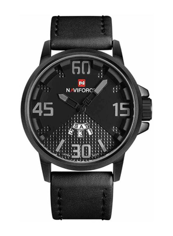 Naviforce Analog Watch for Men with PU Leather, Water Submerge Resistant, WT-NF-9087-GY#D1, Black