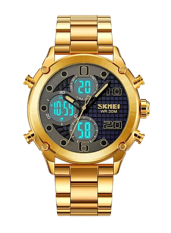 Skmei Analog Quartz Wrist Watch for Men with Stainless Steel Band, Water Resistant, Gold-Black