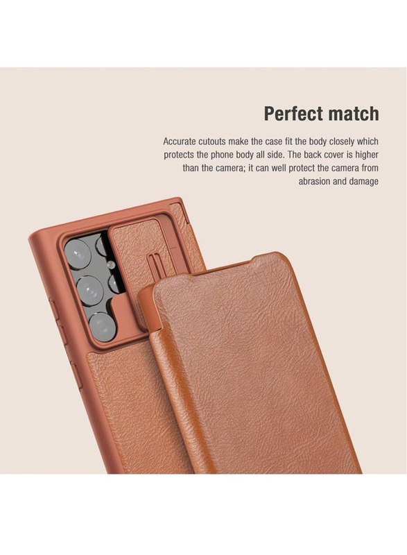 Nillkin Samsung Galaxy S23 Ultra Camera Protection Leather Mobile Phone Flip Case Cover, Brown