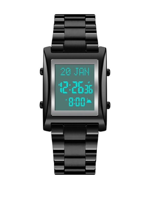 SKMEI Islamic Square Digital Adhan Alarm & Islamic Calendar Watch for Men with Stainless Steel Band, Water Resistant, Black-Black