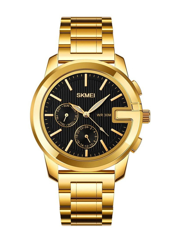 SKMEI Analog Watch for Men with Stainless Steel Band, Water Resistant and Chronograph, Gold-Black
