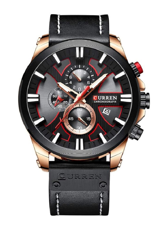 Curren Analog Watch for Men with Leather Band, Water Resistant and Chronograph, J4299B-2-KM, Black