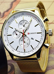 Curren Analog Watch for Men with Stainless Steel Band, Water Resistant & Chronograph, 8227, Gold-White