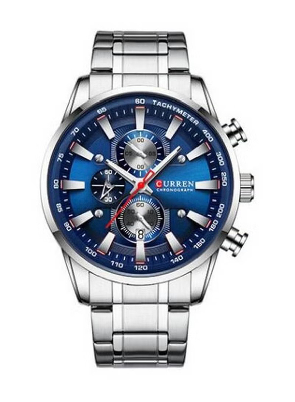 Curren Analog Chronograph Watch for Men with Stainless Steel Band, Water Resistant, 8351, Silver-Blue