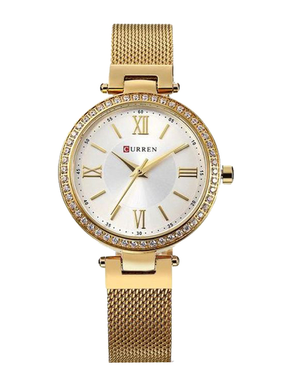 Curren Analog Watch for Women with Stainless Steel Band, Water Resistant, 9011, Gold-White