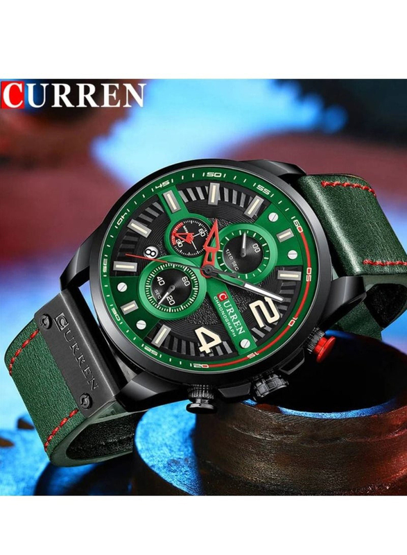 Curren Analog Watch for Men with Leather Band, Water Resistant and Chronograph, 8393, Green-Green/Black