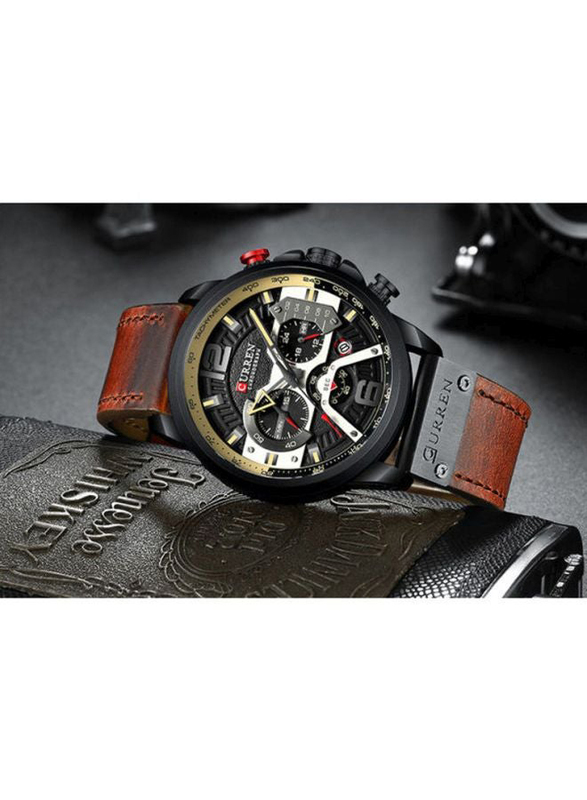 Curren Analog Unisex Wrist Watch with Leather Band, Water Resistant and Chronograph, J3813BR-KM, Brown-Black