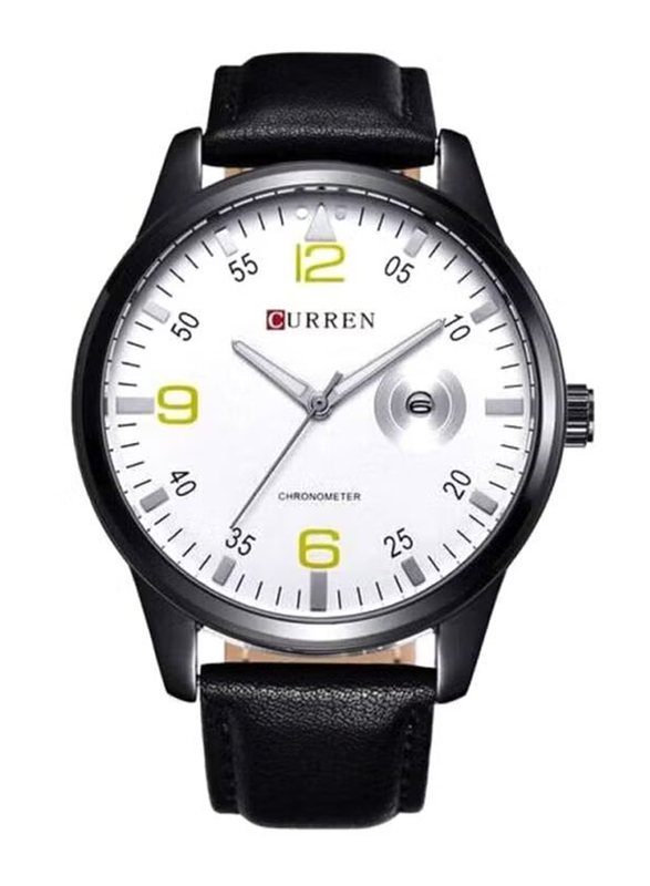 Curren Analog Watch for Men with Leather Band with Date Display, 8116, Black-White