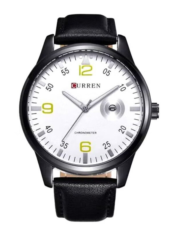 

Curren Analog Watch for Men with Leather Band with Date Display, 8116, Black-White