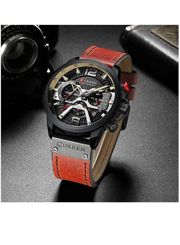 Curren Fashion Analog Quartz Watch for Men with Leather Band, Water Resistant and Chronograph, Red-Black