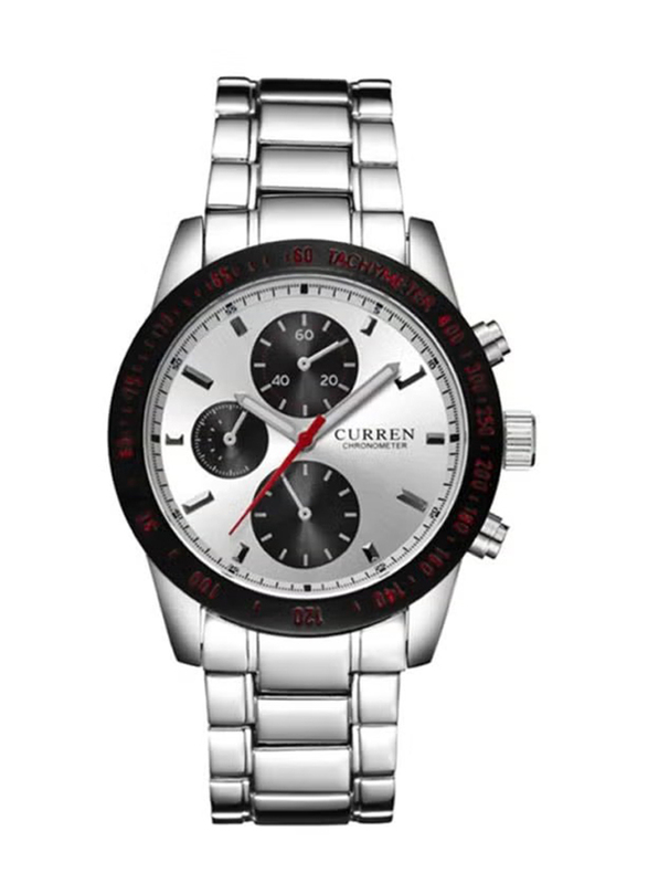 Curren Analog Chronograph Watch for Men with Stainless Steel, Water Resistant, 8016, Silver-Silver/Black