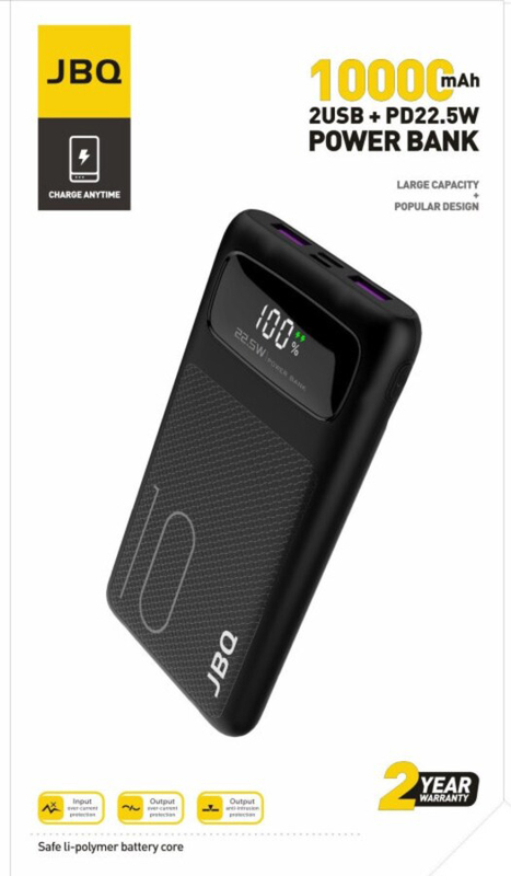 JBQ 10000mAh Fast Charging Power Bank with PD22.5W Dual Port USB and Type-C Input, Black