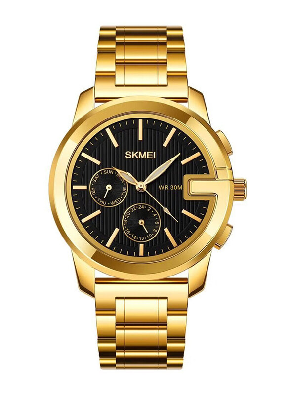 

SKMEI Multifunction Business Analog Watch for Men with Stainless Steel Band, Water Resistant, Gold-Black