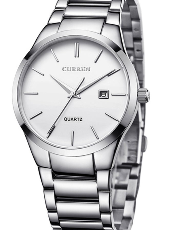 Curren Analog Watch for Men with Stainless Steel Band, Water Resistant, 8106, Silver-White
