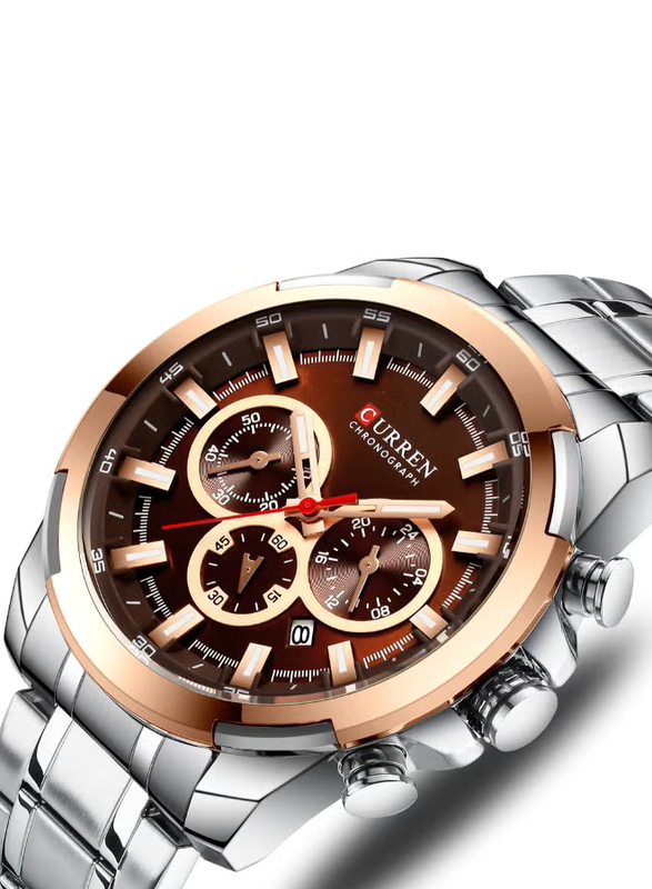 Curren Analog Chronograph Wrist Watch for Men with Stainless Steel Band, Water Resistant, J4195S-K, Silver-Brown