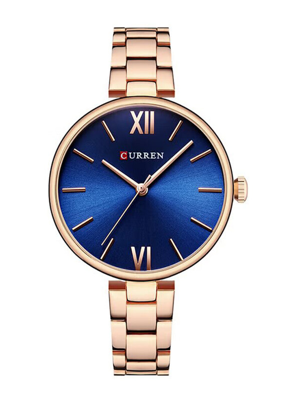 Curren Analog Quartz Watch for Women with Alloy Band, Water Resistant, 9017, Rose Gold-Blue