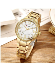 Curren Analog Watch for Women with Stainless Steel Band, Water Resistant, 9004, Gold-White