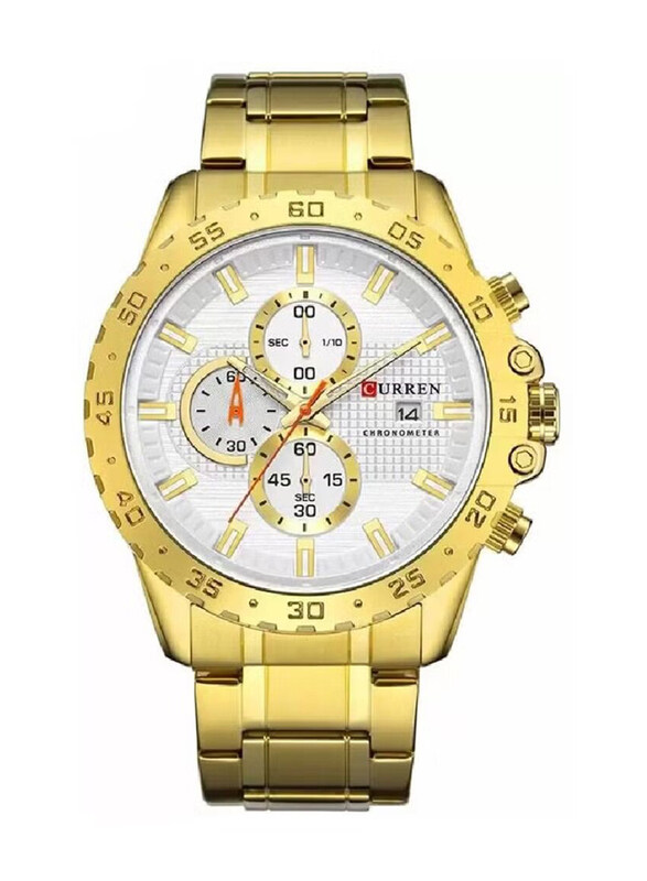 

Curren Casual Analog Watch for Men with Stainless Steel Band & Date Display, Water Resistant, Gold-White